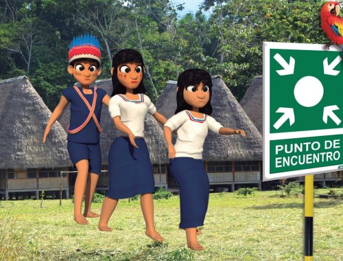 Ilustración de una familia –hombre, mujer y niña–, caminando hacia un punto de encuentro en una zona segura en caso de una emergencia.